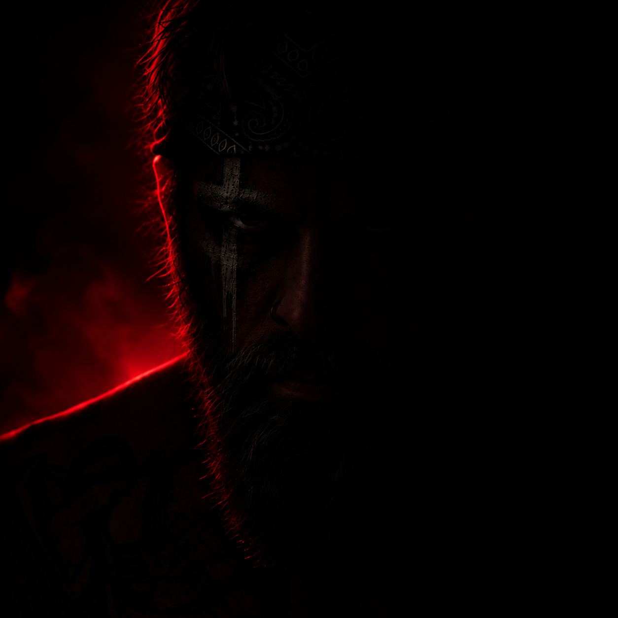 KAOS 22 portrait emerging from darkness with a red aura